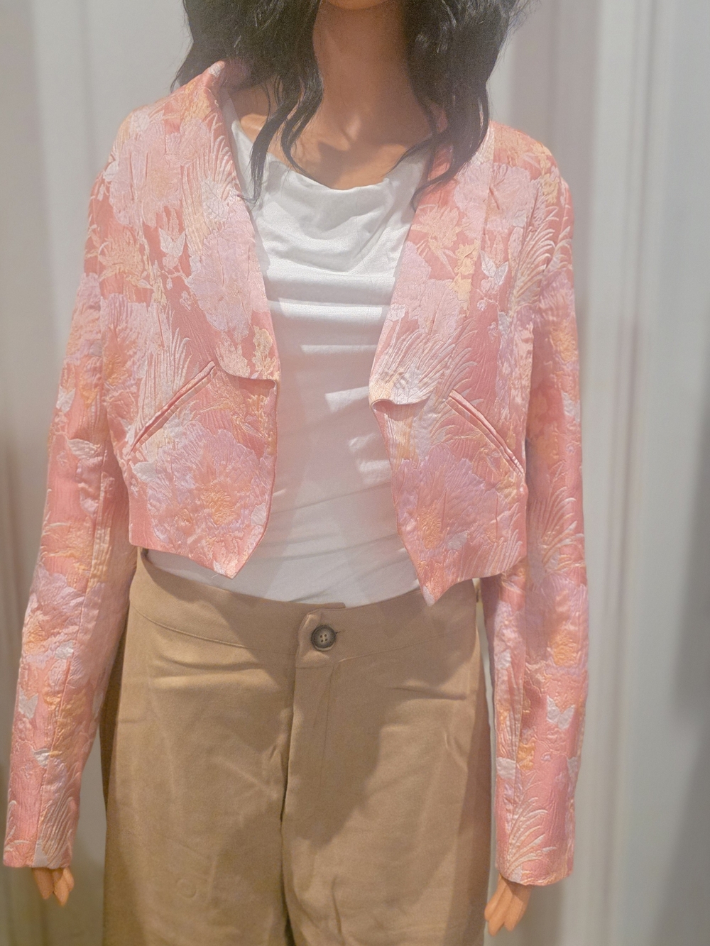 Cropped Pink Floral Jacquard Blazer Jacket